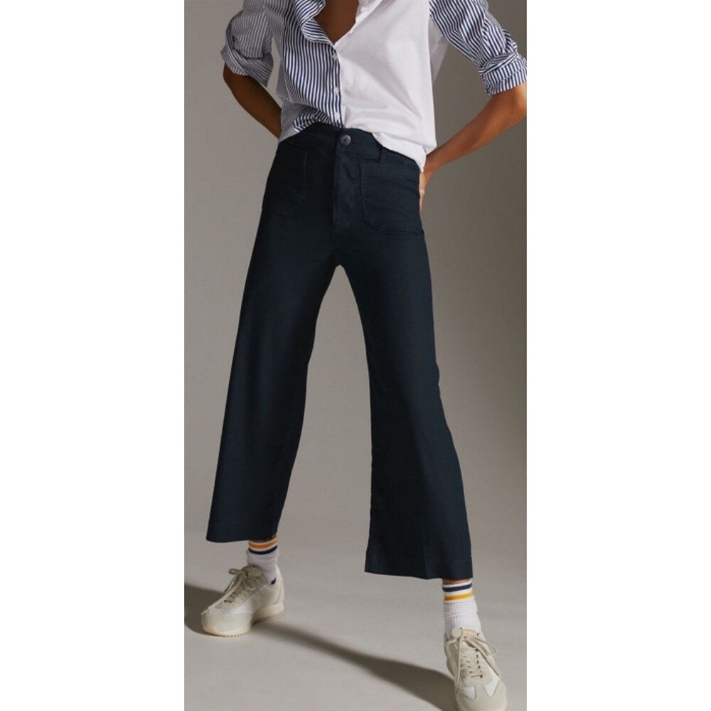 Maeve The Colette Cropped Wide-Leg Pants Size 32 (14-16) Linen Edition Navy